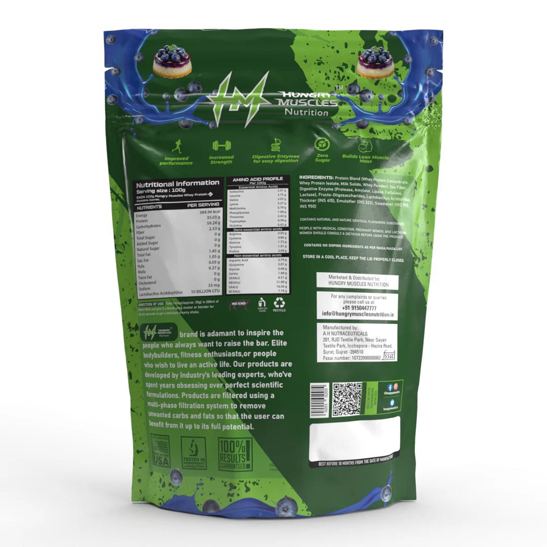 Hungry Muscles | Whey Protein+ Protein Powder | 35.03g Protein, 7.79g Bcaa's, 5.91g Glutamine  ;
