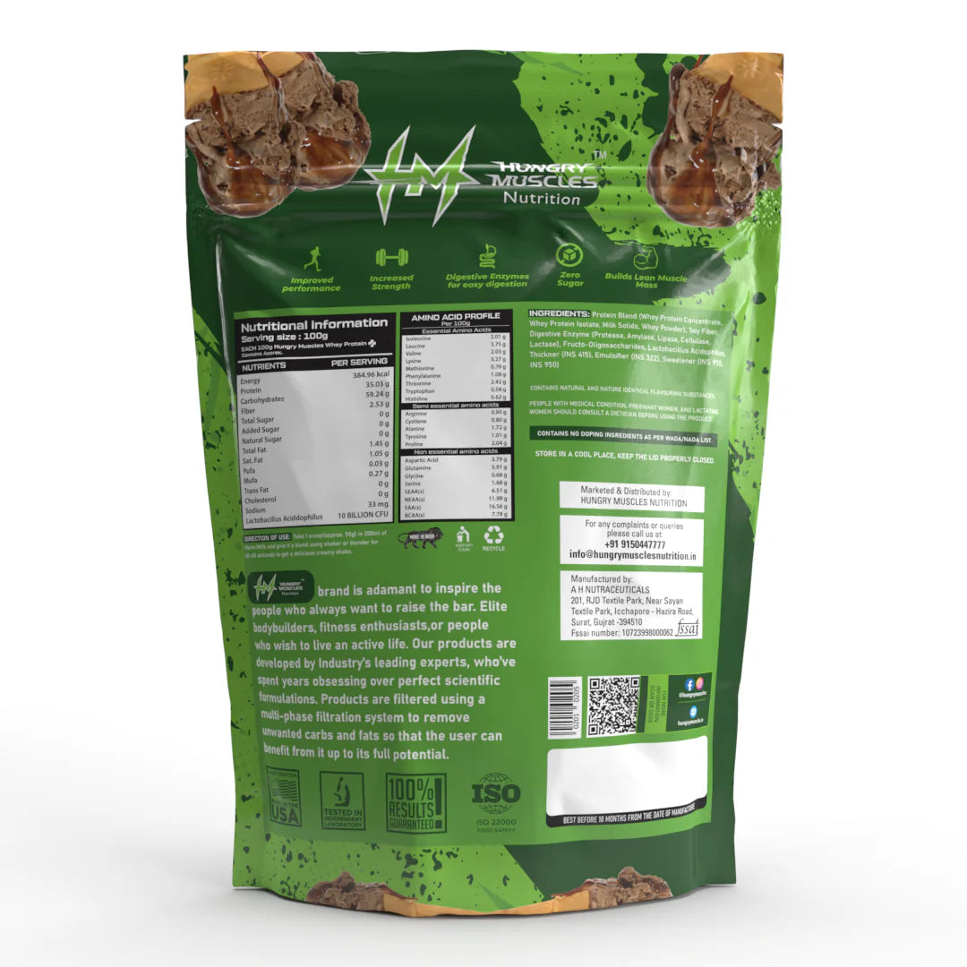 Hungry Muscles | Whey Protein+ Protein Powder | 35.03g Protein, 7.79g Bcaa's, 5.91g Glutamine  ;