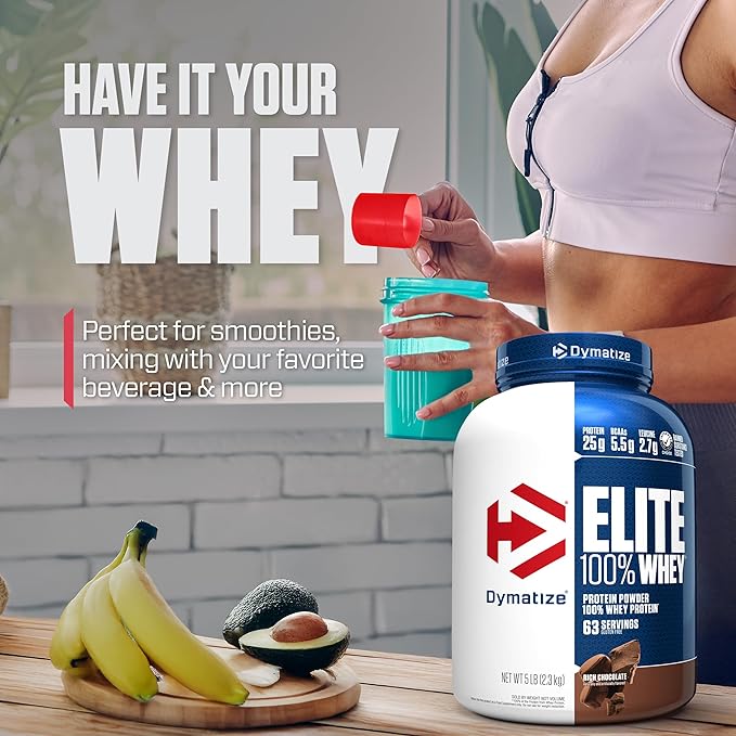 Dymatize Nutrition Elite 100% Whey Protein | Whey Protein Powder | Muscle Recovery | 25g Protein, 5.5g BCAA | Fast-Absorbing Protein | Gluten-Free | Blend with BCAAs & Glutamine  | 5 Lbs