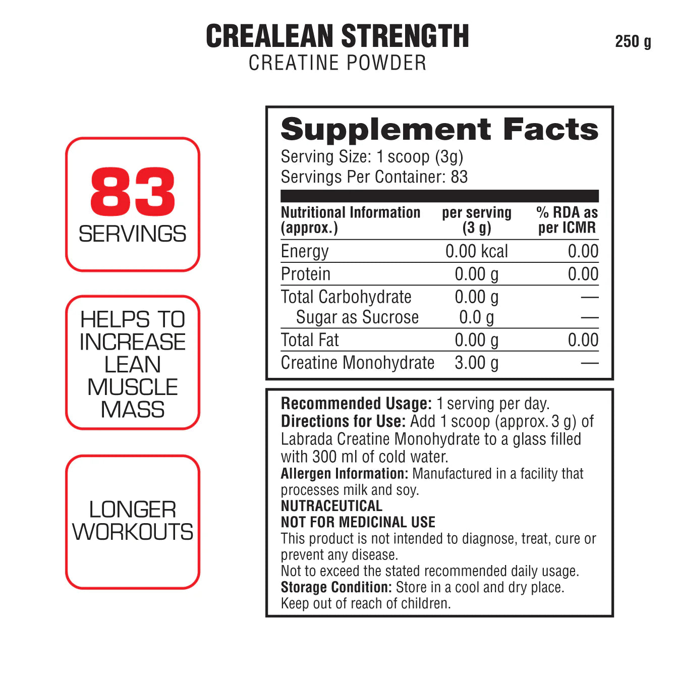 crealean strength creatine powder (Post Workout, Sustain longer workout, Muscle Repair & Recovery, 3g Creatine Monohydrate)